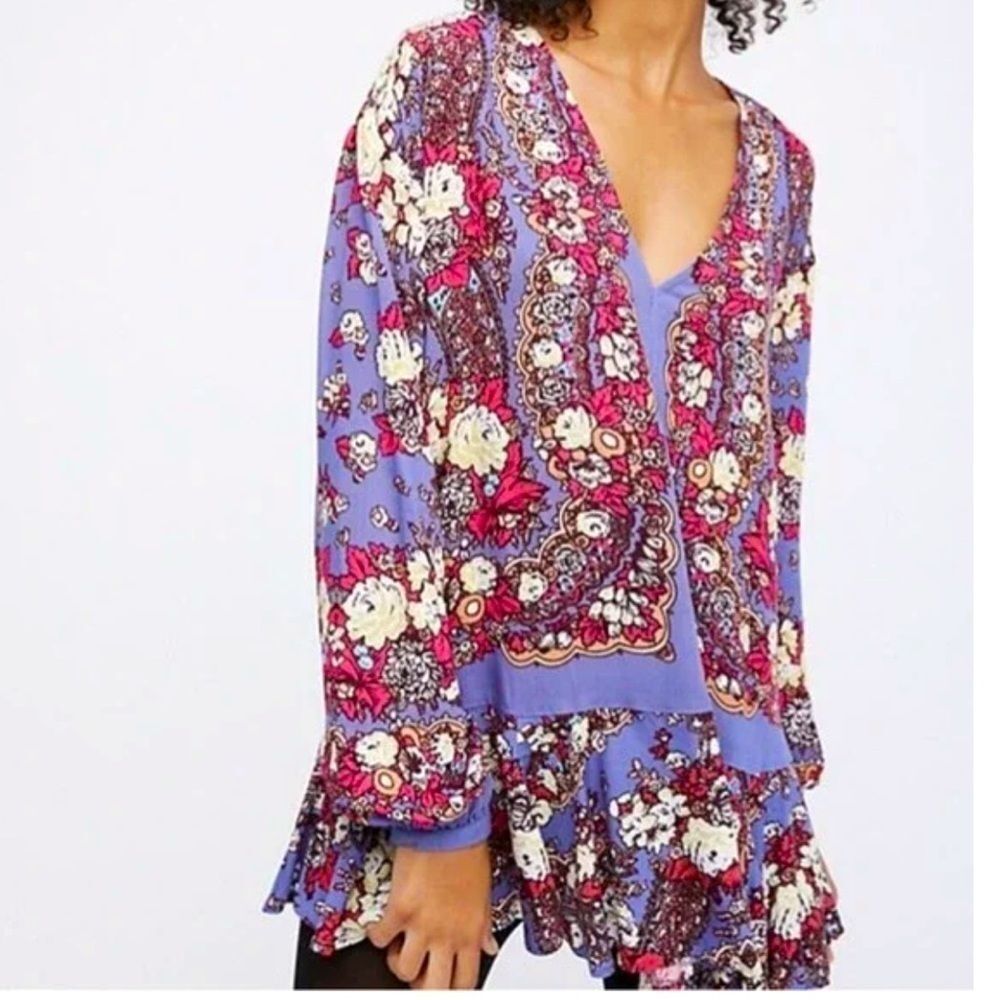 Free People Paisley Floral Printed Long Sleeve Flowy Tunic Dress